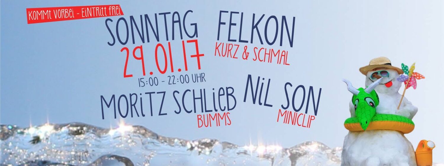 Veranstaltungsplakat für das Schreber31-Winterevent am 29.01.17 mit freiem Eintritt und einem Line-up aus verschiedenen Künstlern.