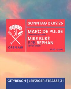 Werbegrafik für Schreber31 Event am 27.09.26 mit Marc DePulse, Mike Buke und Bephan